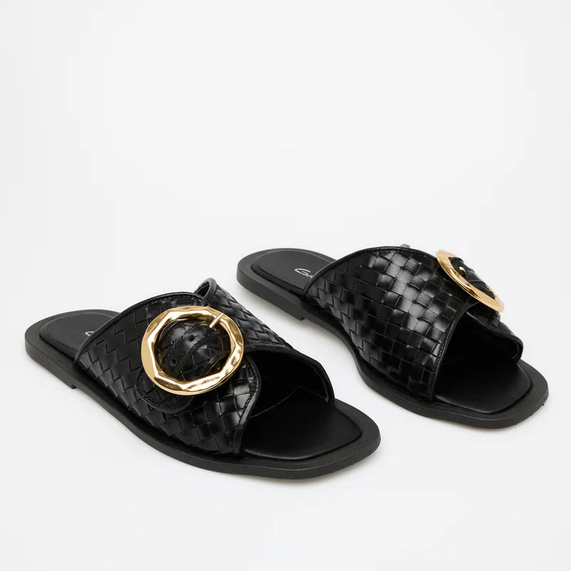 Firenze Black Leather Flat Sandal