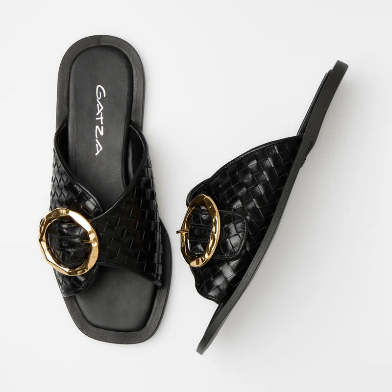 Firenze Black Leather Flat Sandal
