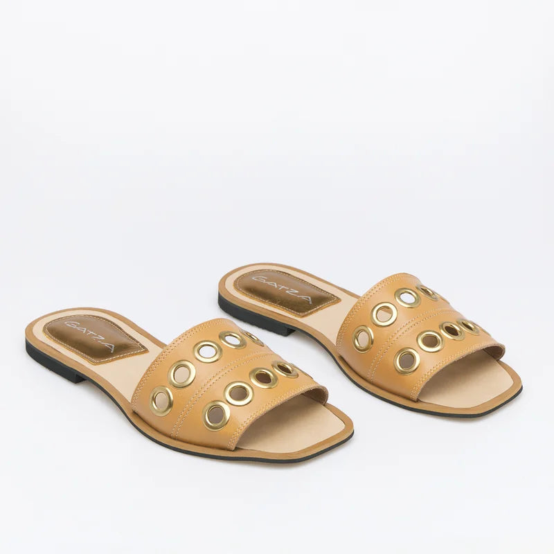 Leather Eyelet Flat Sandal - Beige
