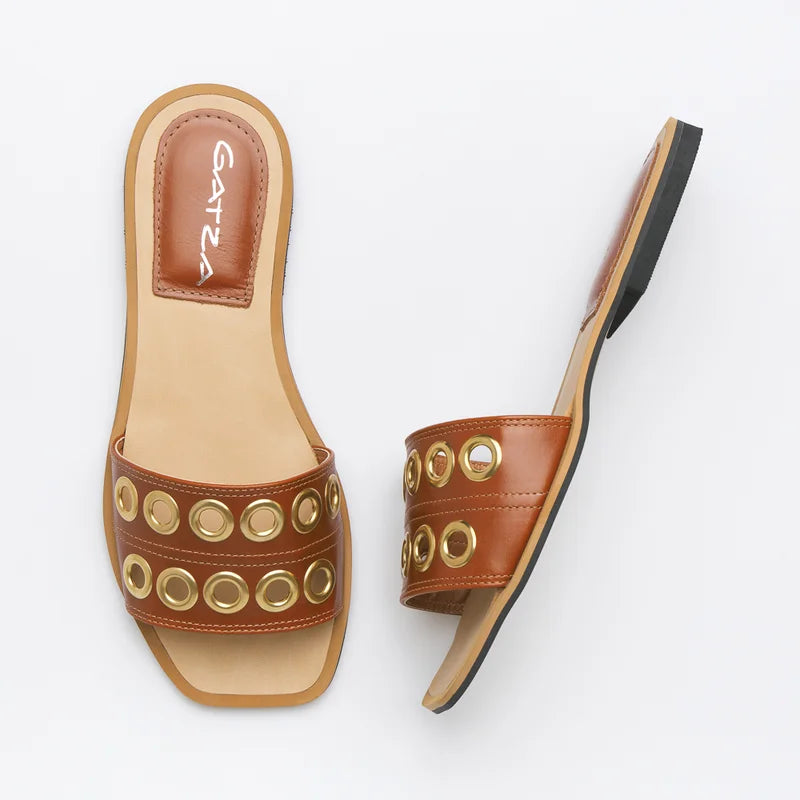 Leather Eyelet Flat Sandal - Caramel