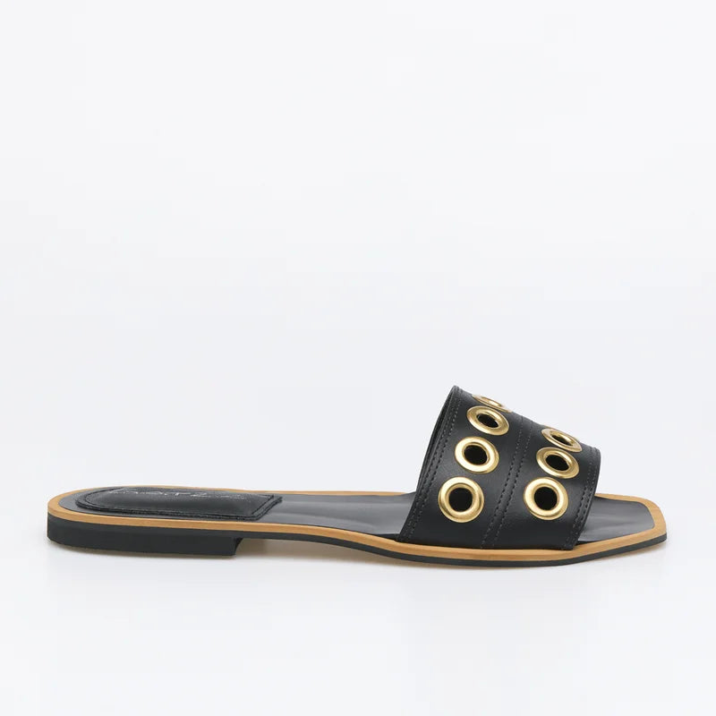 Leather Eyelet Flat Sandal - Black