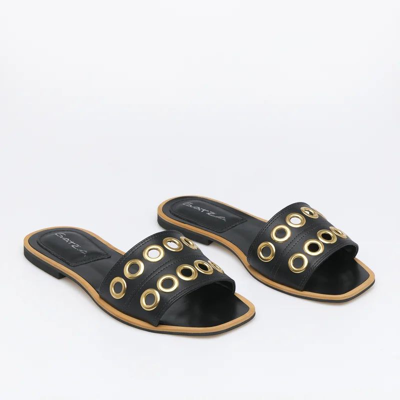 Leather Eyelet Flat Sandal - Black