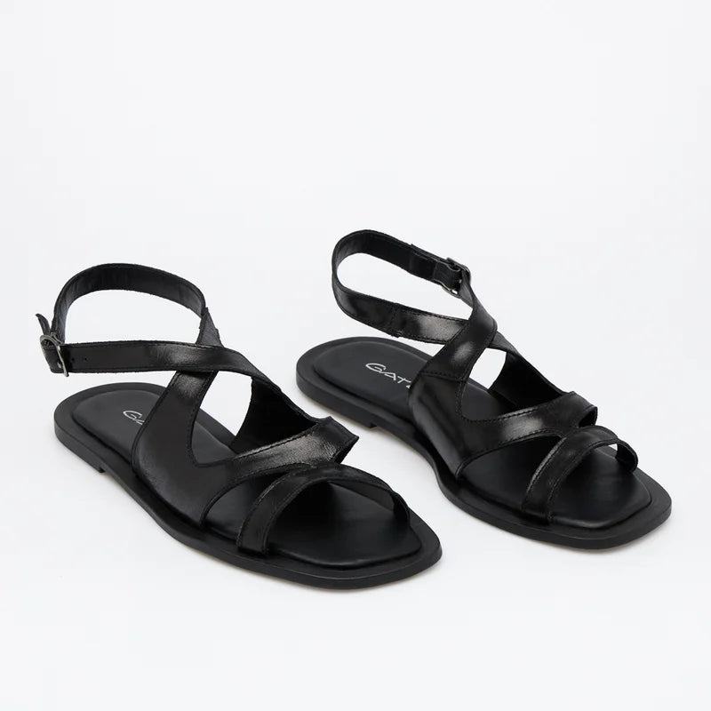 Serena Black Leather Flat Sandal