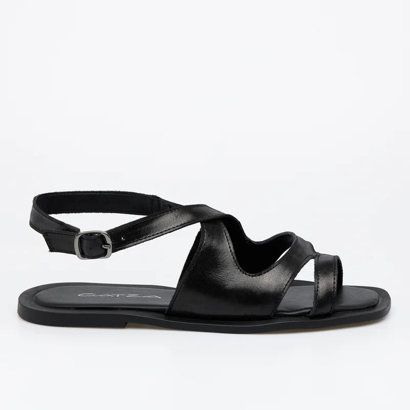 Serena Black Leather Flat Sandal