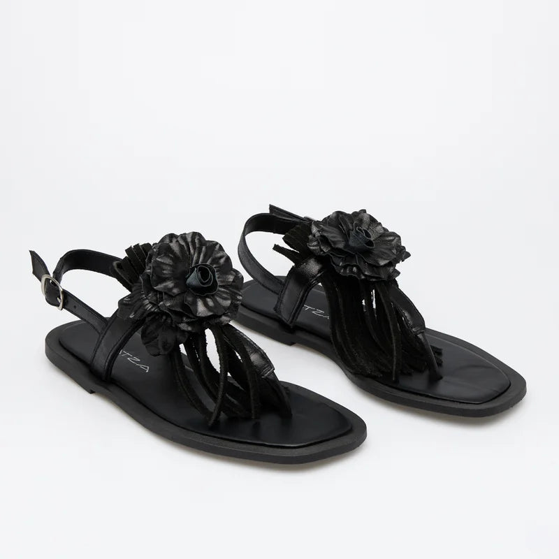 Tassel Leather Flat Sandal -  Black