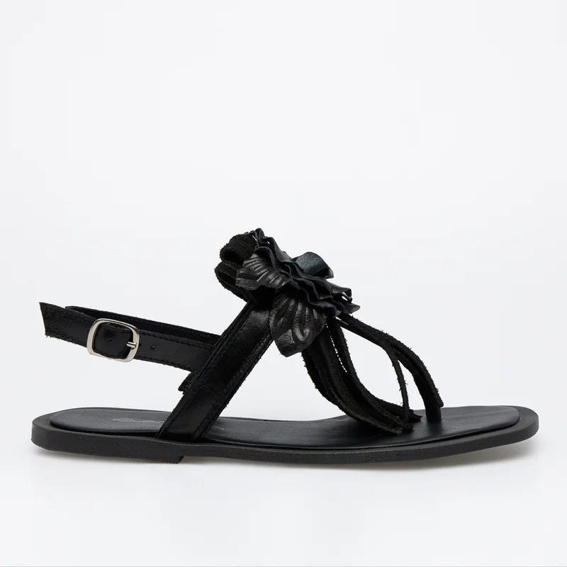 Tassel Leather Flat Sandal -  Black