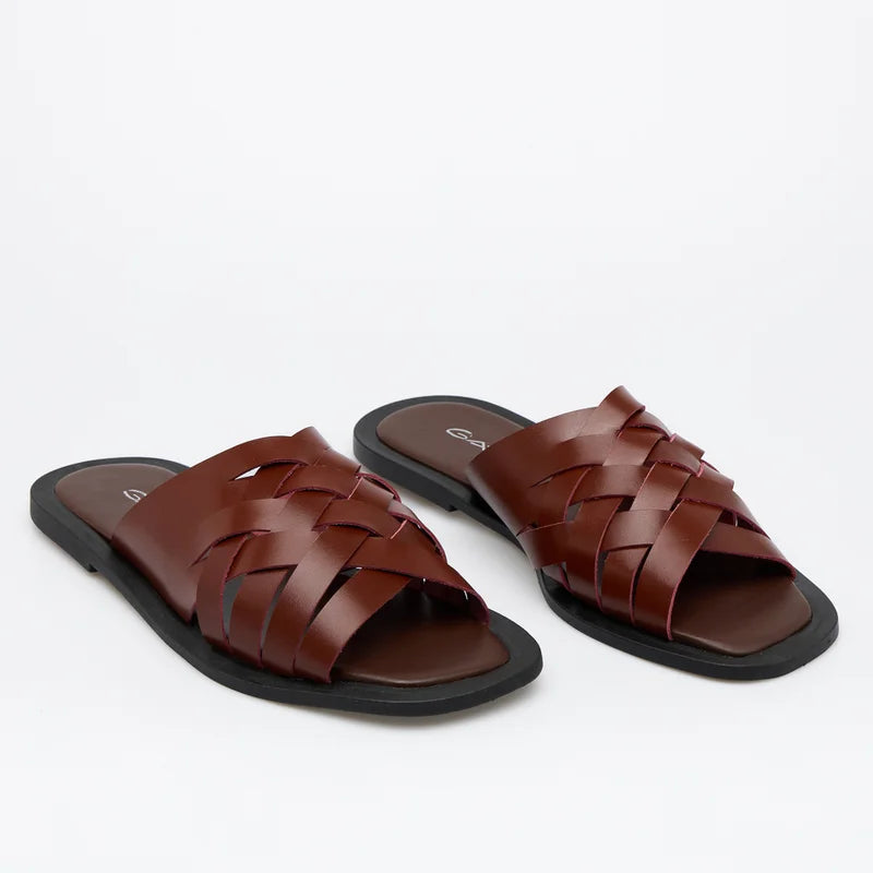 Woven Leather Flat Sandal - Burgundy