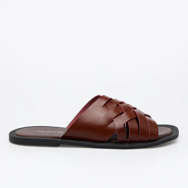 Woven Leather Flat Sandal - Burgundy