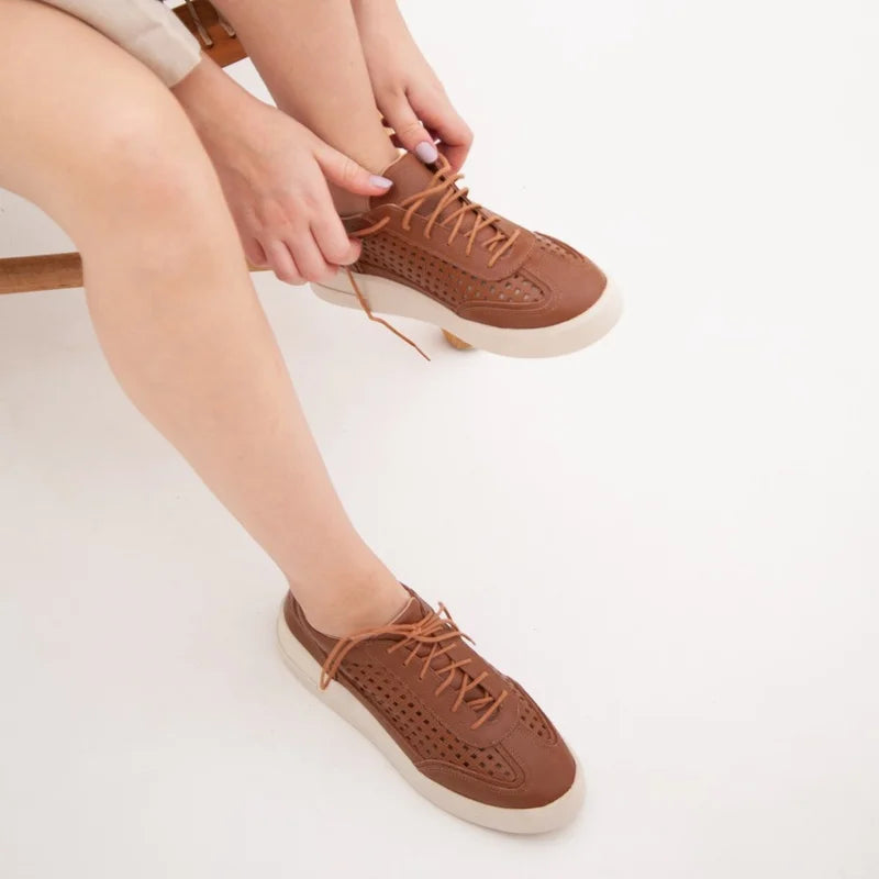Checkered Leather Sneakers - Caramel