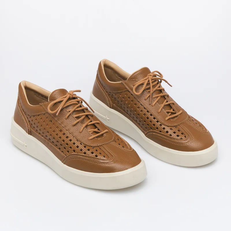 Checkered Leather Sneakers - Caramel