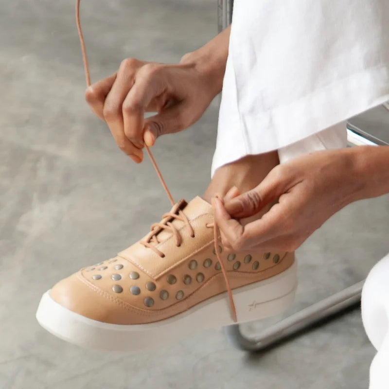 Leather Studded Sneaker - Beige