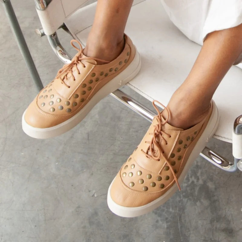Leather Studded Sneaker - Beige
