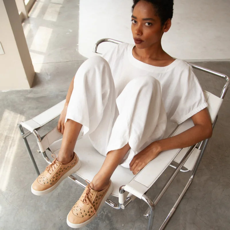 Leather Studded Sneaker - Beige